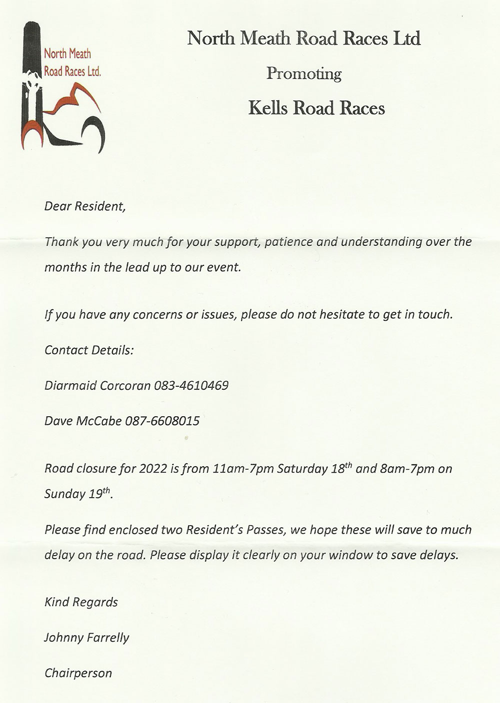 Kells Roadrace Letter